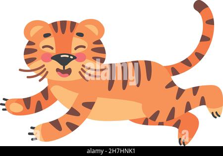 Leap tiger. Adorable wildlife cub, comic vector illustration isolated on white background Stock Vector