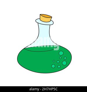 Simple cartoon icon. Glass bottle with green poison. Vector hand drawn illustration on white Stock Vector