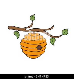 Simple cartoon icon. Beehive hanging from a branch on white background Stock Vector