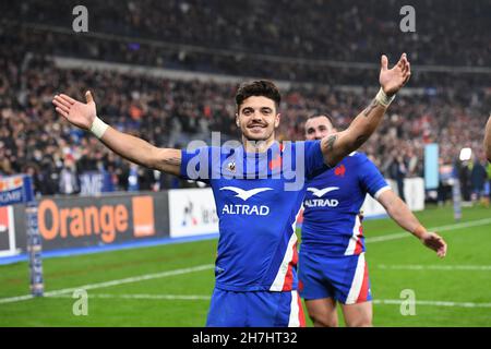 France National Rugby players celebrate after a fixture between New Zealand All Blacks and France at Rugby Autumn Internationals 2021 on November 20, Stock Photo