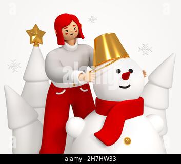 Christmas Holidays - colorful 3D style illustration with cartoon character. Cheerful girl making snowman in the forest. Fir trees, golden star, funny Stock Photo
