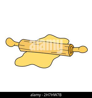Simple cartoon icon. Kitchen - Rolling pin and dough. Vector hand drawn illustration on white Stock Vector