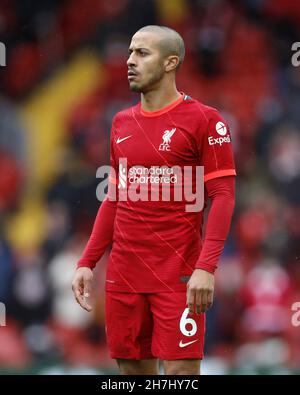 File photo dated 24-05-2021 of Liverpool's Thiago Alcantara during the Premier League match at Anfield, Liverpool. Liverpool midfielder Thiago Alcantara insists he '100 per cent' made the right choice moving to Anfield and is fully committed to the club despite being linked with a return to Barcelona. Issue date: Tuesday November 23, 2021. Stock Photo