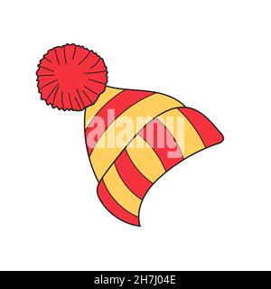 Simple cartoon icon. Knitted red and yellow hat with pom-pom vector icons. Warm headwear items, winter cloth Stock Vector