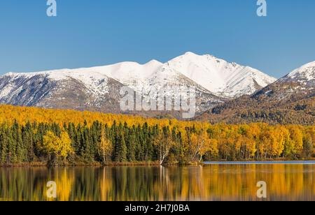 Reflection of autumn colors on Clunie Lake in Southcentral Alaska. Stock Photo