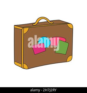 Simple cartoon icon. Cartoon suitcase with travel stickers, vector illustration isolated on white. Stock Vector