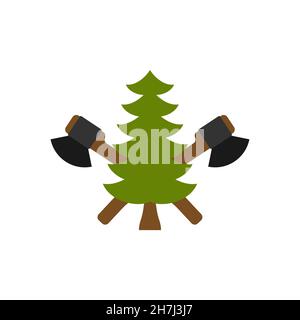 Lumberjack logo Wood and ax. feller sign Christmas tree and axes Stock Vector