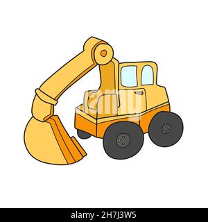 Simple cartoon icon. Yellow Excavator. Vector hand drawn illustration on white Stock Vector