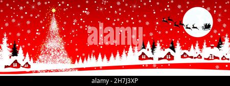 Scene of winter Christmas night. Snowy village. The Christmas star is shining. In the sky, Santa is on a sleigh with reindeer. Stock Vector