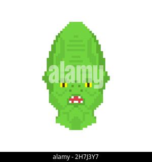 Reptilian face pixel art. 8 bit Alien land invaders. pixelated Reptilian conspiracy theory. reptiloid humanoid beings from another planet with green s Stock Vector