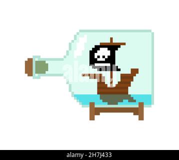 Pirate ship in bottle pixel art. 8bit vector illustration Stock Vector