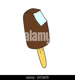 Simple cartoon icon. Bitten ice cream popsicle covered with chocolate on white Stock Vector