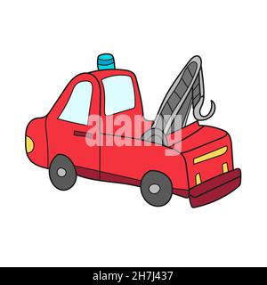 Simple cartoon icon. Cartoon tow truck evacuator. Vector hand drawn illustration on white Stock Vector