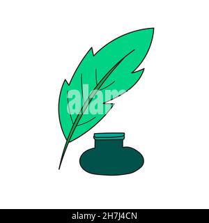 Simple cartoon icon. Green inkpot and feather. Cartoon style vector illustration icons. Isolated on white background Stock Vector
