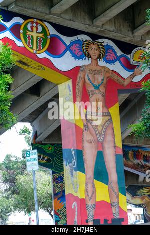 San Diego, United States of America. 28 September, 2021. A historic mural painted on the Coronado Bridge pylon honoring Mexican-American cultural heritage in Chicano Park, September 28, 2021 in San Diego, California. The park located under the San Diego-Coronado Bridge contains the largest collection of outdoor murals in the United States.  Credit: Tami A. Heilemann/U.S. Interior Department/Alamy Live News Stock Photo
