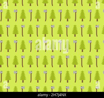 Lumberjack pattern seamless Wood and ax. feller background Christmas tree and axes Stock Vector