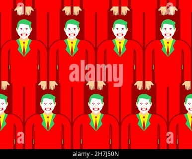 Evil clown crazy pattern seamless. Clown in red suit and green hair. Sneaky grin. Stock Vector