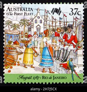 AUSTRALIA - CIRCA 1987: a stamp printed in the Australia shows First Fleet at Rio de Janeiro, Market, Australia Bicentennial, circa 1987 Stock Photo