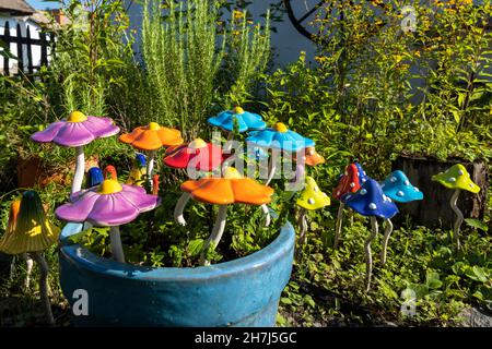 garden decorated with ceramics in Holloko, region Northern Hungary Stock Photo