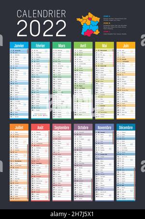Year 2022 colorful calendar, in French language, on dark grey background. Vector template Stock Vector