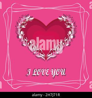 The inscription I Love you . Red heart on a pink background . White, openwork vegetation. Plants, foliage. Isolated. Stock Photo