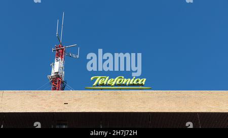 VALENCIA, SPAIN - OCTOBER 23, 2021: Telefonica is a Spanish multinational telecommunications company headquartered in Madrid, Spain Stock Photo