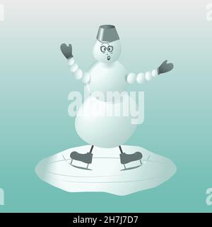 frightened snowman in skates on ice. winter vector illustration. character learns to skate Stock Vector
