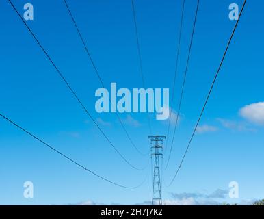 Electricity power cables leading to one of the giant pylons that span the 1.4km crossing of the River Severn between Aust and Beachley Point - UK Stock Photo