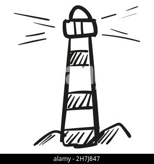Hand drawn Lighthouse icon in doodle style isolated. Stock Vector
