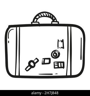 Hand drawn suitcase with stamps icon in doodle style isolated. Stock Vector