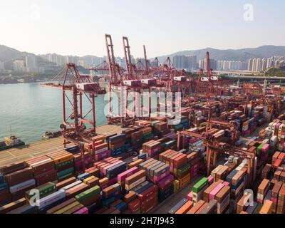 A drone view of the Kwai Chung Container port in Hong Kong. Stock Photo