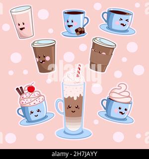 Kawaii coffee set. Various cute cafe drinks. Vector coffee cups with happy face. Stock Vector