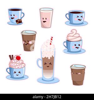 Kawaii coffee set. Various cute cafe drinks. Vector coffee cups with happy face. Stock Vector