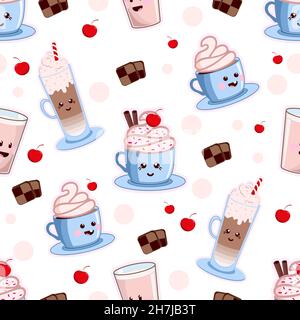 Seamless pattern of Kawaii coffee set. Various cute cafe drinks. Vector coffee cups with happy face. Stock Vector