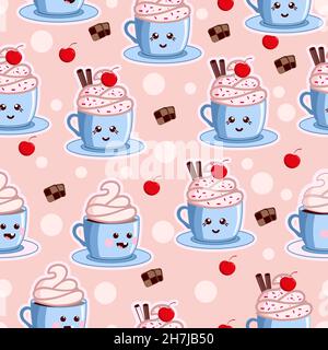 Seamless pattern of Kawaii coffee set. Various cute cafe drinks. Vector coffee cups with happy face. Stock Vector