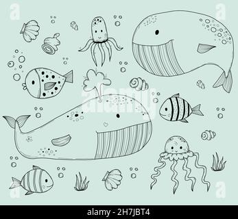 Set of sea animals. Cute big whale and sperm whale, fish, jellyfish, seaweed and shells. Vector outline illustrations, in style Hand drawing of linear Stock Vector