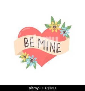 Red heart and ribbon with inscription be mine. Romantic date, relationship concept. Composition or sticker with slogan and design elements Stock Vector
