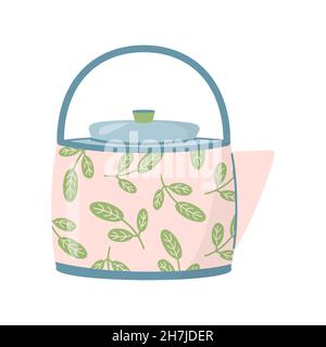 Cute ceramic colored teapot. Kitchen crockery item isolated on white background. Hand drawn flat vector illustration Stock Vector