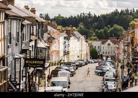 Looking out on to Broad Street, hailed as the finest street in England from the Butter Cross window, Ludlow, Shropshire, England, UK Stock Photo