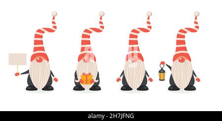Merry Christmas. Vector Christmas Cute Gnome with Caps Set in Flat Style Isolated. Design Template for Merry Christmas and Happy New Year Card Stock Vector