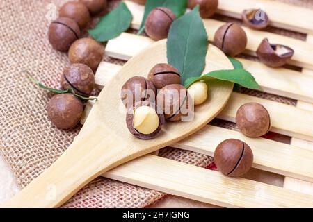 Brown macadamia nuts in a wooden spoon on light textile background. Stock Photo