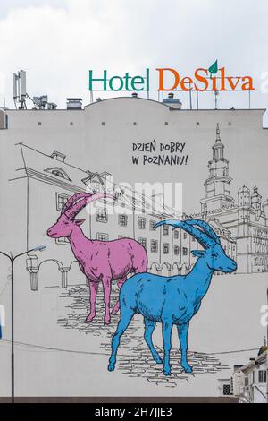 Poznan, Poland - October 2 2020: Mural art with two goats as symbol of city on Hotel DeSilva wall Stock Photo
