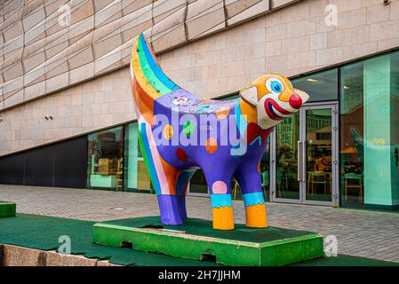 The colorful Superlambanana sculpture intended to be a cross between a banana Stock Photo