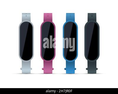 Realistic set of multi-colored fitness activity bracelets. Front view with different angles. Stock Vector