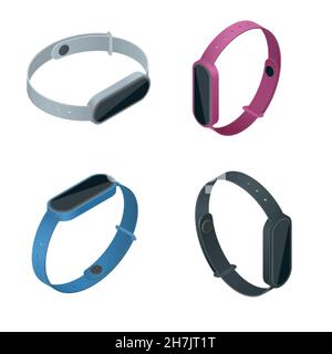 Realistic set of multi-colored fitness activity bracelets. Isometric view with different angles Stock Vector