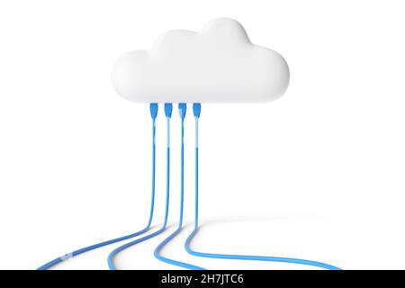 Cartoon cloud with connected network cables isolated in white background. Internet concept. 3d illustration. Stock Photo