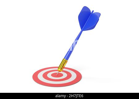 Dart stuck in the center of a target isolated on white background. 3d illustration. Stock Photo