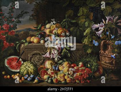 Abraham Brueghel -  A still life of a watermelon, cherries, peaches, apricots, plums...