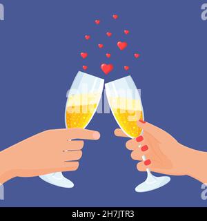 Hands holding glasses with champagne. Valentine celebrating concept. Festive vector illustration Stock Vector