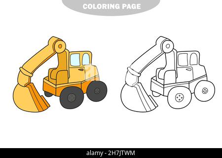 Simple coloring page. Excavator to be colored. Coloring book for kids. Learn colors. Educational game. Simple level. Color and black and white version Stock Vector